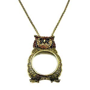 IRIS APFEL SYLE OWL PENDANT W/MAGNIFYING GLASS CENTER GOLD TONE CHAIN NECKLACE